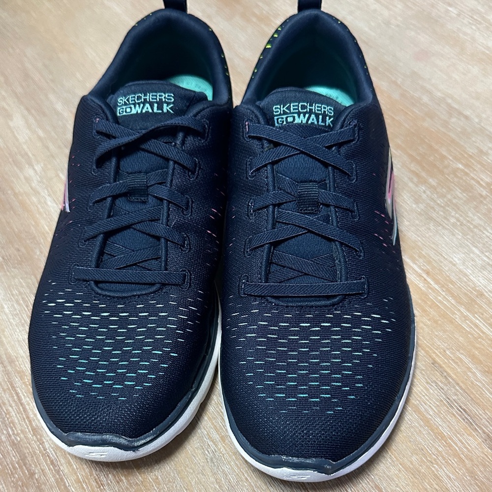 Skechers Black Slip-On Athletic Shoes with Rainbow Stitching - Picture 2 of 9